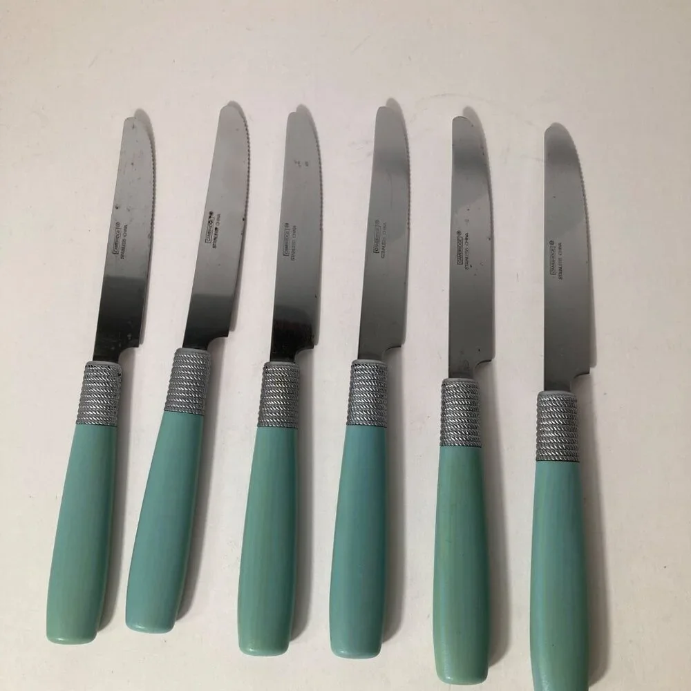 6 - Vintage Cambridge Dinner Knives Green Stainless‎ Flatware Plastic Handle 9